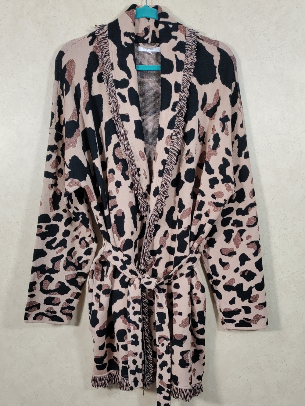 J149 Chico's Tan, Black & Metallic Bronze Leopard Belted Cardigan 4 XXL NEW